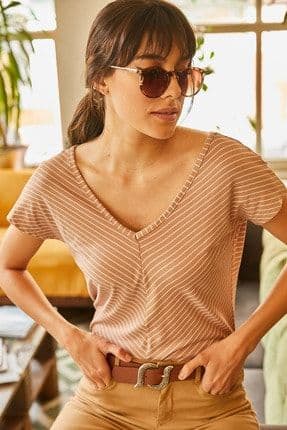 Kadın Sütlü Kahve Ön Arka V Verevli T-shirt TSH-19000282
