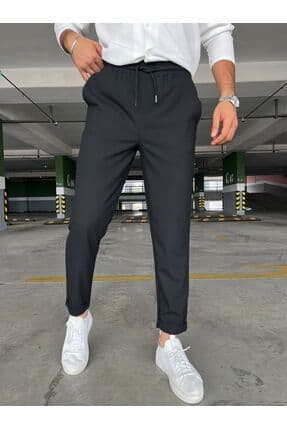 Erkek Siyah Jogger Beli Lastikli Bağcıklı Duble Paça Likralı Rahat Kalıp Pantolon