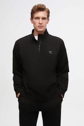 Oversize Siyah Düz Yarım Fermuarlı Pamuklu Mevsimlik Sweatshirt