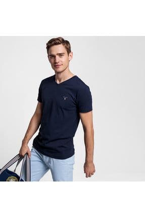 Erkek Lacivert Slim Fit V Yaka T-shirt