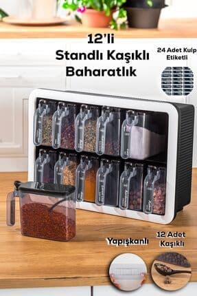 Simple Standlı 12 Li Kendinden Yapışkanlı Kaşıklı Kapaklı Baharatlık Takımı-etiketli Baharatlık-