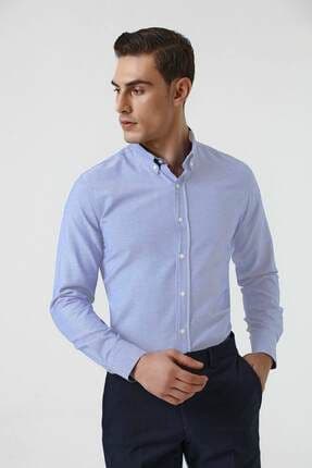 Slim Fit Mavi Armürlü Düğmeli Yaka Pamuklu Gömlek