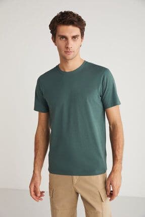 Mıchel Erkek Slim Fit Dar Kesim %100 Organik Pamuklu Yana Kayan Dikişli Basic Örme Yeşil T-shirt