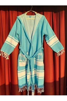 Pamuklu Kapüşonlu Unisex Mavi Bornoz | Peştemal Bornoz