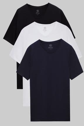 Ds Damat Slim Fit Siyah/beyaz/lacivert 3'lü Set V Yaka T-shirt