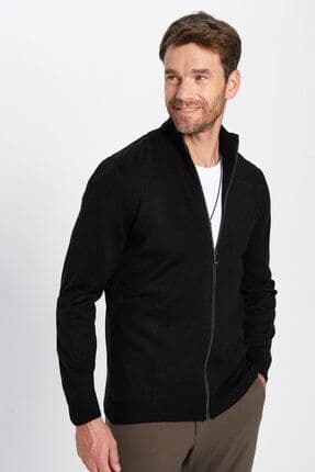 Erkek Slim Fit Dar Kesim Siyah Dik Yaka Fermuarlı Düz Hırka