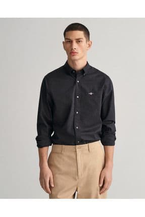 Erkek Siyah Slim Fit Düğmeli Yaka Broadcloth Gömlek