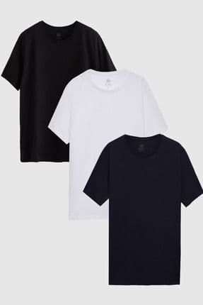 Ds Damat Slim Fit Siyah/Beyaz/Lacivert 3'Lü T-Shirt