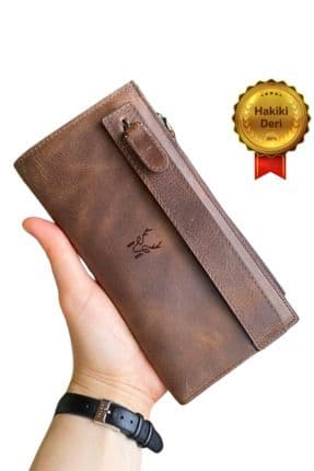 Mannu - Elite Serie El Bantlı Hakiki Deri Bozuk Para Bölmeli Kahverengi Uzun Cüzdan