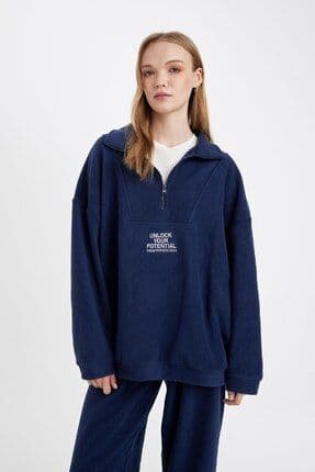 Oversize Geniş Kalıp Fermuarlı Dik Yaka Nakışlı Polar Sweatshirt Y2649az24wn