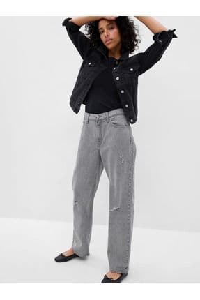 Kadın Gri Mid Rise Destructed '90s Loose Washwell™ Jean Pantolon