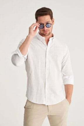 Slim Fit Beyaz Düğmeli Yaka %100 Pamuk Yazlık Flamlı Keten Görünümlü Gömlek
