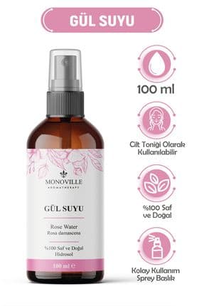 Gül Suyu Tonik Cam Şişe 100 ml %100 Saf ve Doğal Sprey Başlıklı (Rose Water)