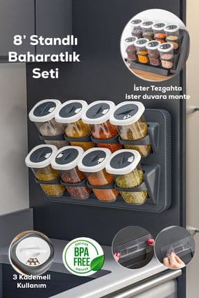 1122 8li Etiketli Asmalı Kendinden Yapışkanlı Tezgah Üstü Standlı Döner Kapaklı Baharatlık Seti