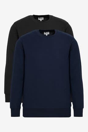 Erkek Lacivert-Siyah 2'li Paket Pamuklu Standart Fit Normal Kesim Bisiklet Yaka Sweatshirt