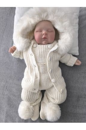Ponponlu Selanik Örgü Kürk Kapşonlu Hırkalı 3'lü Unisex Salopet Takım