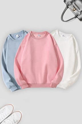 Kadın 3'Lü Pembe Ekru Bebe Mavi Bisiklet Yaka Oversize Sweatshirt Paketi