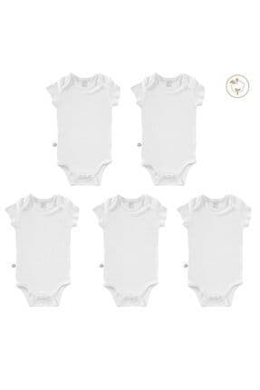 Beyaz Renk Bebek Bodysuit Kısa Kollu 5'li Set - Bebek Atleti %100 Pamuk