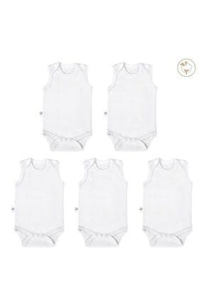 Beyaz Renk Bebek Bodysuit Kolsuz 5'li Set - Bebek Atleti %100 Pamuk