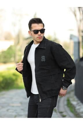 Oversize Siyah Baskılı Erkek Fermuarlı Bomber Kot Ceket