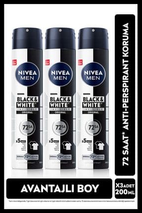 MEN Erkek Sprey Deodorant Black&White Invisible Original 200ml, 72 Saat Anti-perspirant, X3 Adet