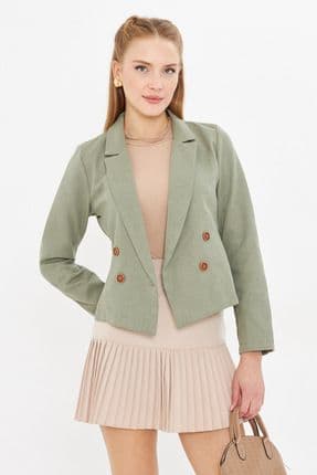 Kadın Haki Kruvaze Yaka Gabardin Crop Ceket ARM-24Y001010