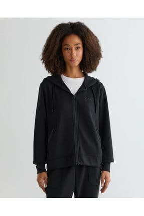 Kadın Siyah Regular Fit Kapüşonlu Logolu Sweatshirt