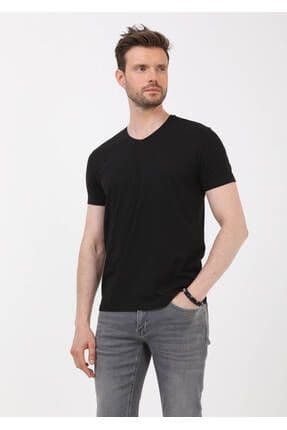 Siyah Düz V Yaka Pamuk Karışımlı T-shirt