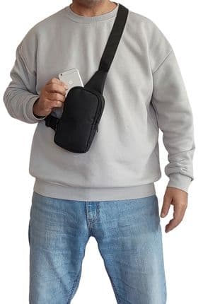 Erkek Çapraz Omuz Çantası 2 Bölmeli Siyah Göğüs Basic Düz Bodybag Günlük Çanta