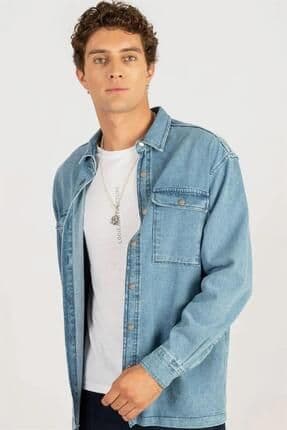 Unisex Oversize Geniş Kesim Denim Kot Çift Cepli Mavi Overshirt Ceket Tarzı Gömlek