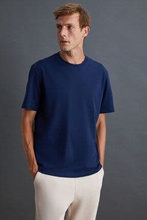 Solo Erkek %100 Organik Pamuklu Kalın Dokulu Comfort Fit Bisiklet Yakalı Lacivert T-shirt