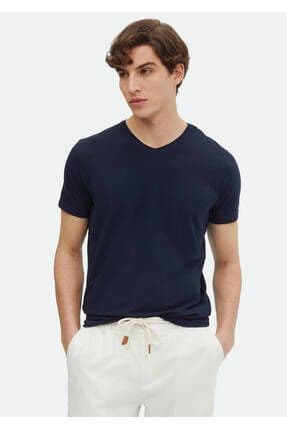 Lacivert Düz V Yaka Pamuk Karışımlı T-Shirt
