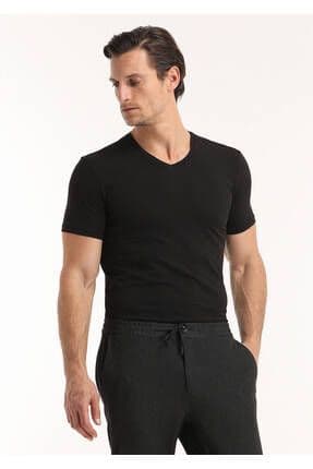 Siyah Düz V Yaka Pamuk Karışımlı T-shirt