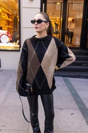 Kahve Baklava Desen Oversize Triko