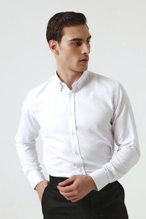 Slim Fit Beyaz Armürlü Düğmeli Yaka Pamuklu Gömlek