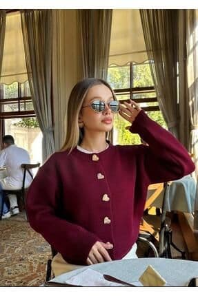 Kalp Düğme Detaylı Bordo Triko Hırka