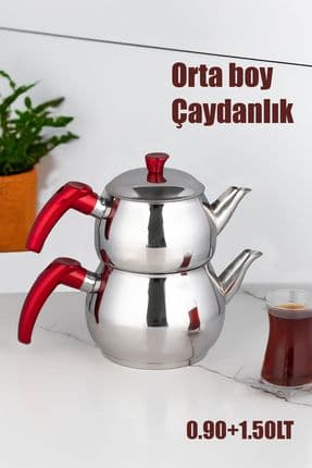 3NO Dayanıklı Orta Boy Paslanmaz Çelik Çaydanlık Takımı  0.90+1.50LT