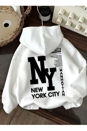 BEYAZ RENK NY  Baskılı Kız/Erkek Çocuk Kapüşonlu Sweatshirt (YENİ ÜRÜN)