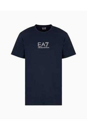 Erkek Slim Fit Yuvarlak Yakalı Gold Kaplamalı Kontrast EA7 Logolu Mavi T-Shirt 7M000301 AF13739-UB10