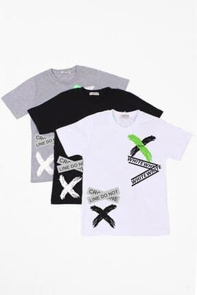 3lü Baskılı Collection Erkek Çocuk Beyaz Siyah Gri T-shirt