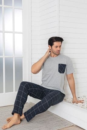 Erkek Ekoseli Cepli Kısa Kollu Pijama Takımı