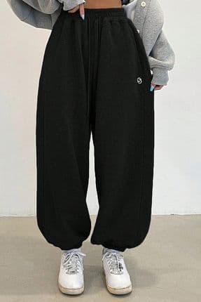 Kadın Siyah Iki Iplik Oversize Jogger Eşofman Altı