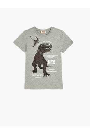 Dinozor Baskılı Kısa Kollu Bisiklet Yaka Tişört