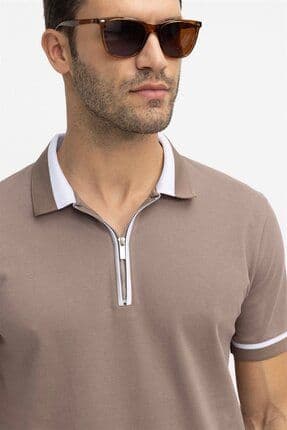 Erkek Slim Fit Dar Kesim %100 Pamuk Düz Pike Fermuarlı Kahverengi Polo Yaka Tişört