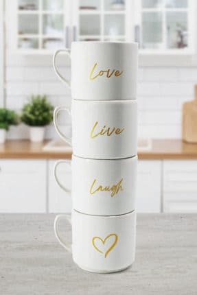 4 Kişilik Çay ve Kahve Kupa Seti 200 Ml - Kalpli Anneler Günü Hediye Sevgililer Günü Hediyelik Kupa