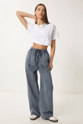 Soluk Efektli Geniş Paça Denim Palazzo Pantolon ANTRASİT LMX0071
