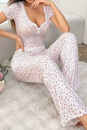 Çiçek Baskılı Pamuklu Kısa Kollu Pijama Takımı