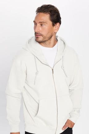 Unisex Relax Fit Rahat Kesim Pamuklu İçi Polarlı Çift Cepli Fermuarlı Beyaz Kapüşonlu Sweatshirt