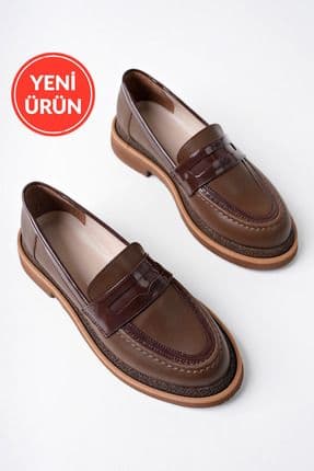 Velora Model Kahverengi Cilt Rugan Detaylı Kadın Loafer Günlük Ayakkabı Makosen