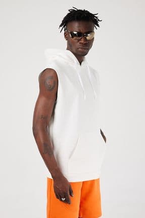 Rebel Erkek Kapüşonlu Kolsuz Sweatshirt Hoodie Beyaz